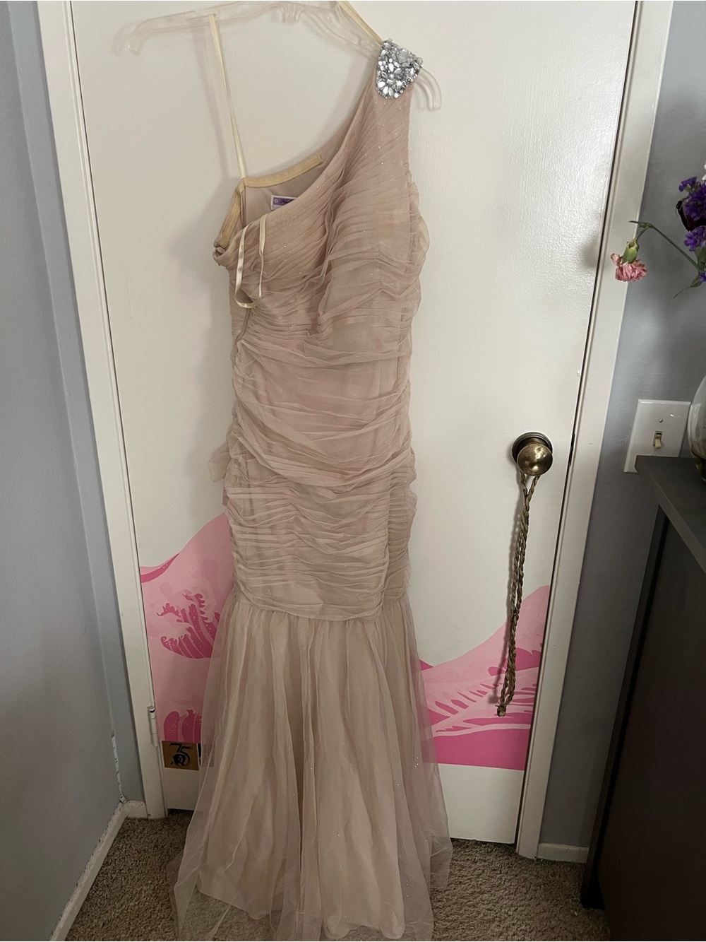 Adrianna Papell Blush One-Shoulder Tulle Gown with Crystal Shoulder